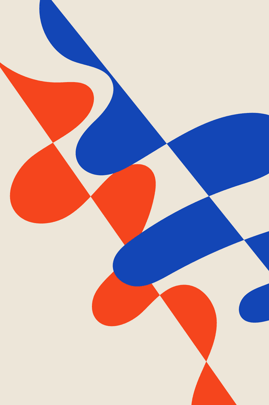 Abstract organic shapes in blue and orange on a cream background
