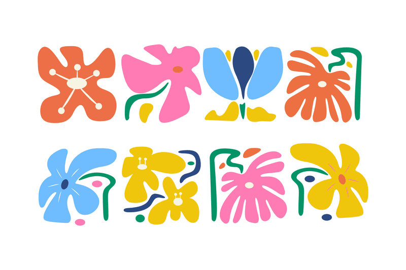 Abstract floral shapes in vibrant colors arranged in a modern, playful pattern
