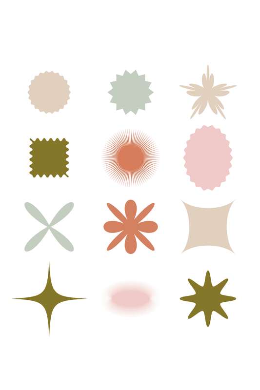 Collection of abstract geometric shapes and starbursts in muted earthy tones