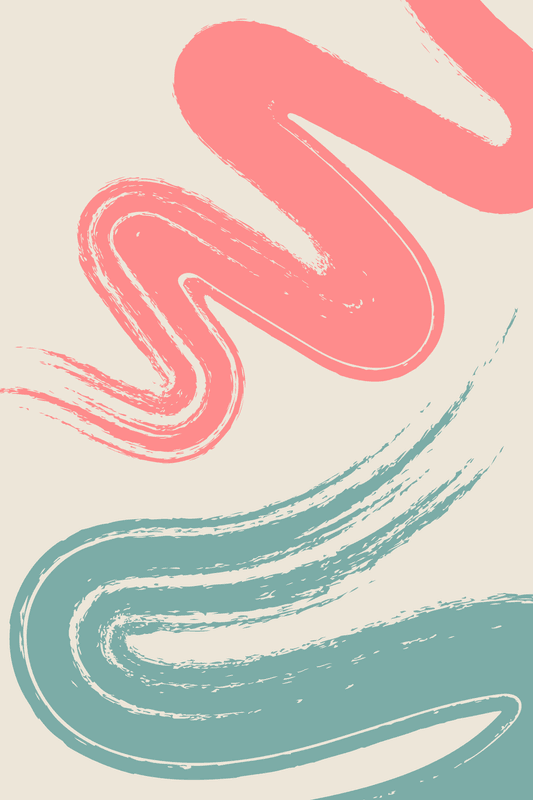 Abstract brush strokes in coral and teal on a cream background