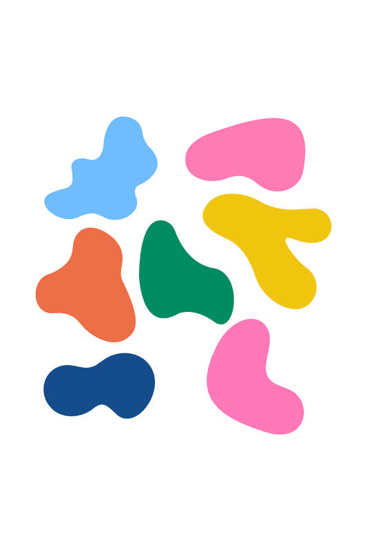 Abstract organic shapes in bright, playful colors on a white background
