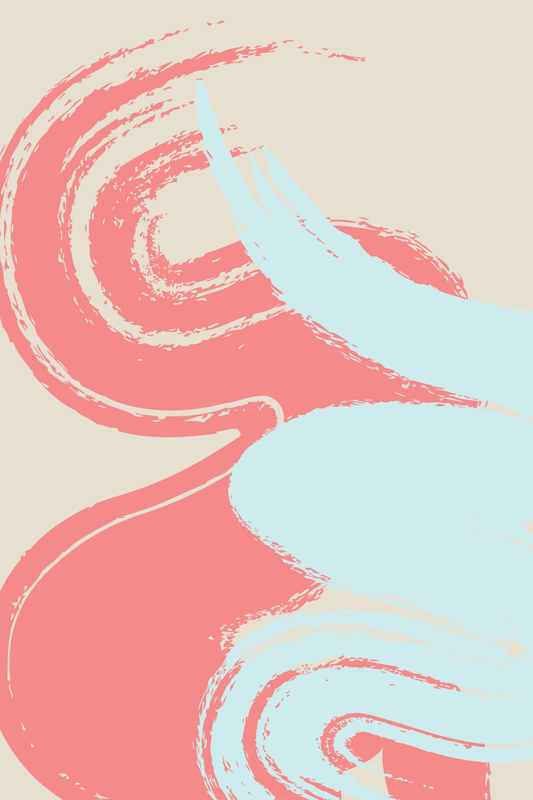 Abstract brush strokes in coral and light blue on a neutral background