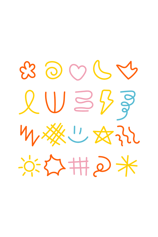 Collection of colorful doodle icons and symbols on a white background