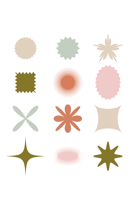 Collection of abstract geometric shapes and starbursts in muted earthy tones