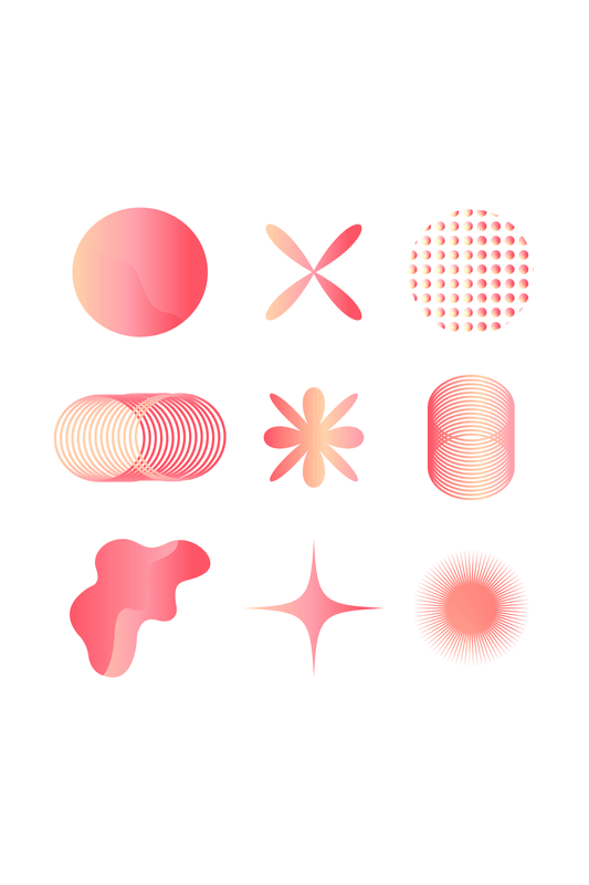 Collection of abstract geometric shapes with pink and orange gradients on white background