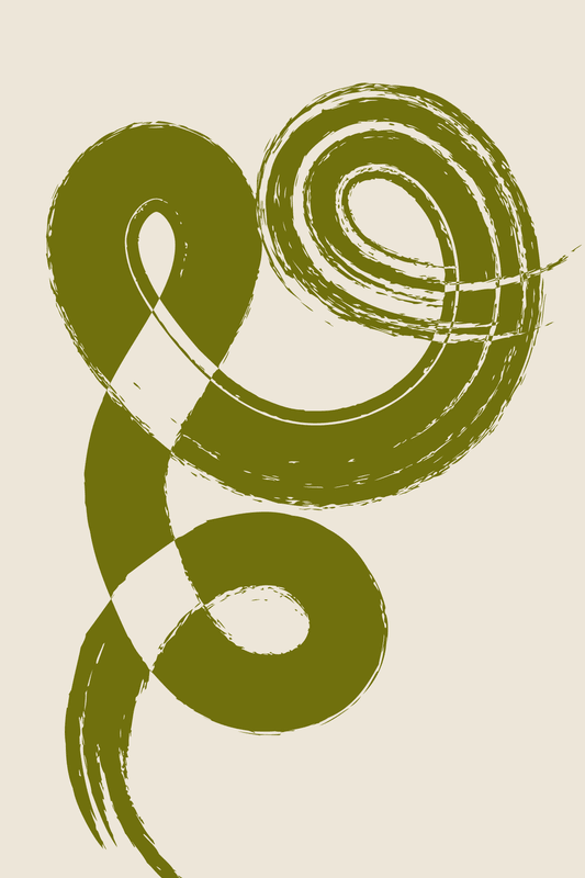 Abstract olive green brush strokes forming elegant curves on a cream background
