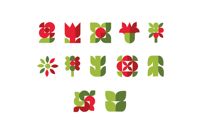 Collection of stylized floral icons in red and green geometric shapes