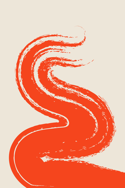 Bold red brush stroke curves across a neutral background with texture